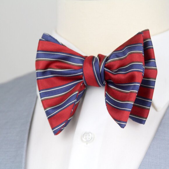 Men's Self-tied Bow Tie 100%Silk Big Butterfly Red Blue Stripe S728 - Picture 1 of 8